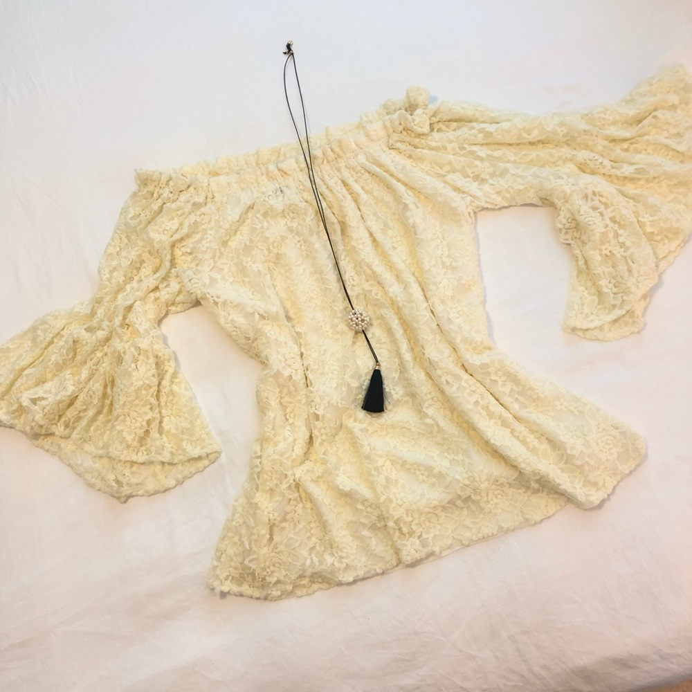 Romantic lace off-shoulder trumpet sleeve blouse